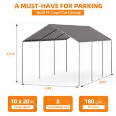 EROMMY 10x20 Heavy Duty Carport with Waterproof & UV Protected Garage Top Tarp Shelter Cover, Grey