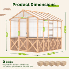 EROMMY 8x9x8.5 FT Wooden Spruce Walk-in Greenhouse with UV Protection