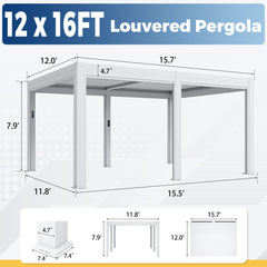 EROMMY 12' x 16' Outdoor Pergola with LED Lights, Aluminum Gazebo with Motorized Louvers & Side Screens for Patio, Backyard & Poolside, White