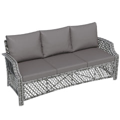 EROMMY Outdoor Wicker Sofa, 3-Seat Patio Couch with Cushions, All-Weather PE Rattan Furniture, Gray