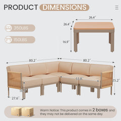 EROMMY 6-Piece Aluminum Patio Sectional Sofa Set, Outdoor Conversation Set with 6" Washable Thick Cushions & Coffee Table,  Beige