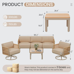 EROMMY 5 Seats Patio Furniture Set,Outdoor Swivel Glider Rocking Chairs with 6" Thick Cushions, 3-seat & Coffee Table, Beige