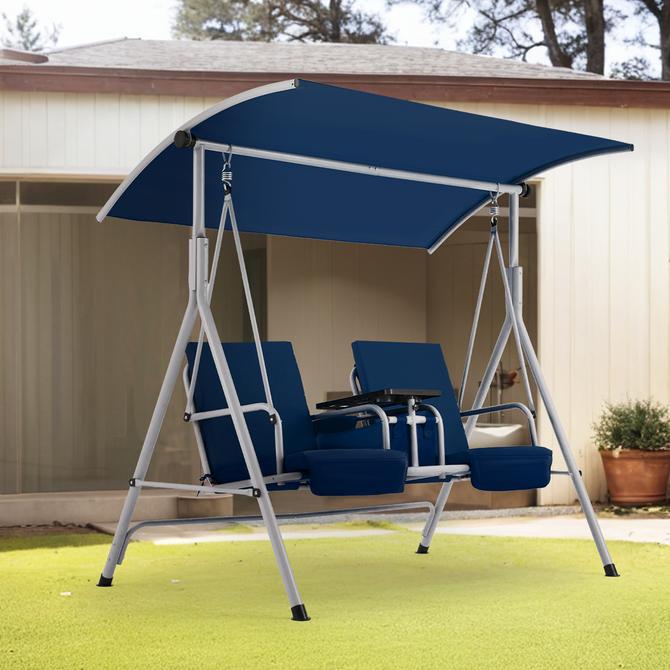 EROMMY 2-Person Outdoor Swing with Canopy, Storage Table, Cooler Bag ...