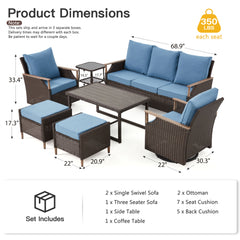 EROMMY 7-Piece Outdoor Wicker Patio Set with Swivel Chairs, Ottoman & Coffee Table