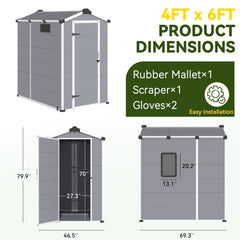 4x6 FT Outdoor Storage Shed, Weather-Resistant Shed with Lockable Double Doors & Built-In Floor, Sloped Roof Outdoor Shed for Backyard, Patio & Lawn, Gray