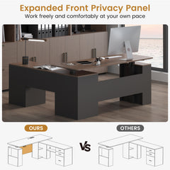 EROMMY 63" L Shaped Electric Standing Desk with Storage, Executive Adjustable Height with Power Outlets and Privacy Panel, Walnut Black