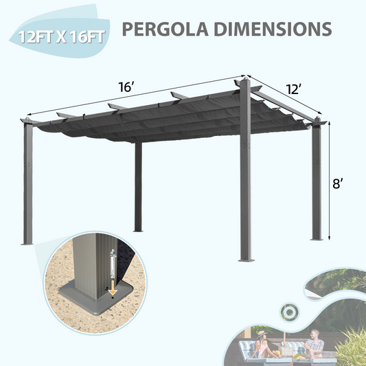 EROMMY 12 x 16 FT Pergola, Aluminum Pergola with Retractable Canopy, Upgraded Shelter with Adjustable and Removable Sun Shade Canopy for Patio, Garden, Deck, Black