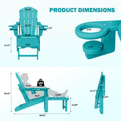 EROMMY 3-Level  Adjustable Adirondack Chair with Retractable Ottoman, Folding HDPE Outdoor Chair with Cup Holders, Aruba Blue