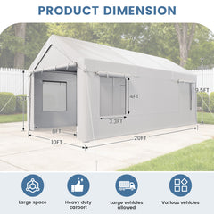 EROMMY Carport, 10' x 20' Heavy Duty Carport with Roll-up Windows，Portable Garage with Removable Sidewalls, Car Canopy  for Truck, Tractor, Boat, White