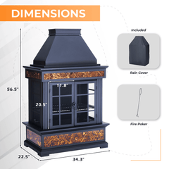 EROMMY 57" Outdoor Fireplace, Tile Finish Wood Burning Steel Fire Pit with Removable Ash Pan & Grate, Chimney, Fire Poker, Rain Cover