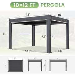 EROMMY 10' x 12' Louvered Pergola with Pull-Down Screens, Aluminum Outdoor Pergola with Retractable Roof for Patios, Decks & Backyards, Black