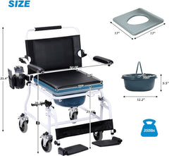 EROMMY Beside Commode Wheelchair with Padded Seat& Flips Up Armrests, Multi-Function Transport Commode Chair for Toilet, White
