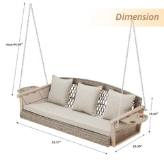 EROMMY 3 Seats Porch Swing Hanging Bench Swing Lounge Front Rattan Swing for Garden, Balcony, Beige