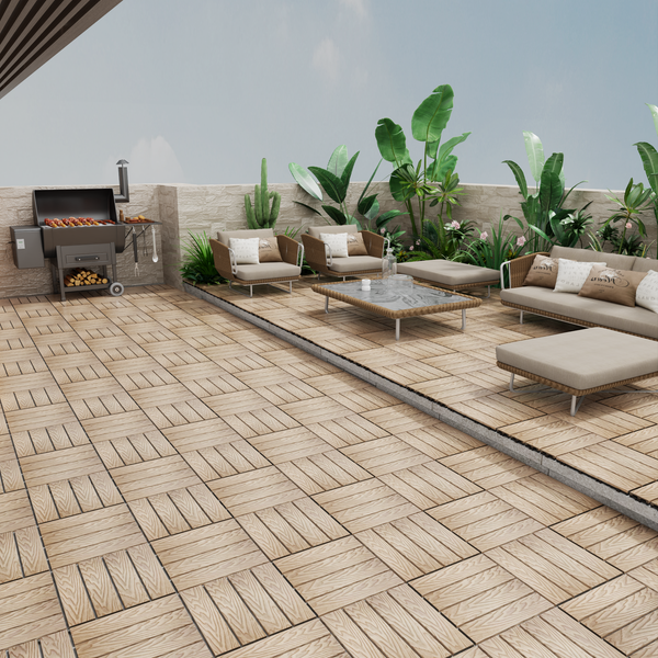 11 PCS Interlocking WPC Deck Tiles 11.8" x 11.8" – Natural Wood Look Composite Flooring for Patio, Balcony, Bathroom, Garden & Poolside, Waterproof, Non-Slip, All-Weather Use