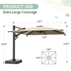 EROMMY 10x10ft Large Rectangular Cantilever Umbrella with 360° Rotation & 6 Adjustable Heights, Outdoor Patio Umbrella for Garden, Pool, Deck, Adjustable Heights, Outdoor Patio Umbrella for Garden, Pool, Deck, Beige