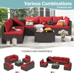 EROMMY 7 Pcs Outdoor Rattan Furniture Set with Coffee Table, Wine Red