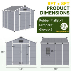 8x8 FT Outdoor Storage Shed, Weather-Resistant Shed with Lockable Double Doors & Built-In Floor, Sloped Roof Outdoor Shed for Backyard, Patio & Lawn, Gray