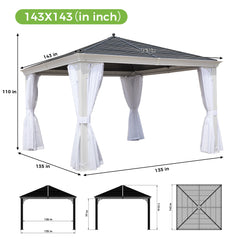 EROMMY 12' X 12' Hardtop Gazebo Outdoor Single Roof, Anti-Rust Coating Frame, Permanent Outdoor Metal Pavilion With Curtains And Netting