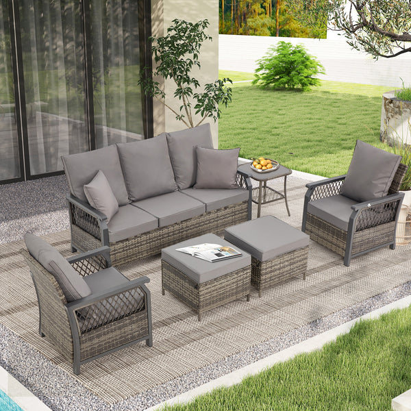 EROMMY 6 piece outdoor rattan furniture set with sofa, air chair, footstool and side table, Grey