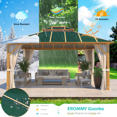 EROMMY 12' x 14' Hardtop Gazebo, Wooden Grain Coated Aluminum Frame, Double Roof, Blackish Green with Curtains and Nettings