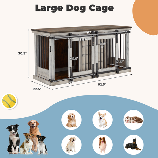 EROMMY Solid Wood Dog Crate Furniture, Dog Kennel TV Cabinet with Sliding Door, Heavy Duty Kennel