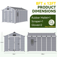 8x12 FT Outdoor Storage Shed, Weather-Resistant Shed with Lockable Double Doors & Built-In Floor, Sloped Roof Outdoor Shed for Backyard, Patio & Lawn, Gray