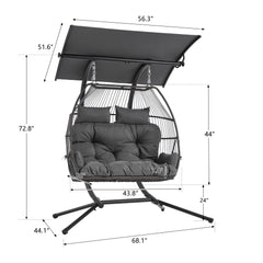 EROMMY Double Egg Chair with Canopy, Comfortable Woven Rattan Base with Thick UV Resistant Cushions and Metal Frame, Porch Swing Loveseat for Backyard