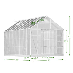 EROMMY 16' x 10' x 10.3' Greenhouse with Polycarbonate Aluminum Frame, Adjustable Roof Vent and Sliding Door
