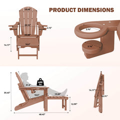 EROMMY 3-Level  Adjustable Adirondack Chair with Retractable Ottoman, Folding HDPE Outdoor Chair with Cup Holders, Teak