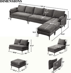 EROMMY L Shaped Sectional Modular Sofa, Convertible Chenille Fabric Couch, Large 5-seat Sectional Couches for Living Room, Grey