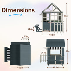 EROMMY Outdoor Playhouse for Kids, Wooden Kid Play House with Kitchen Toys,Blackboard,Chalks,Eraser,Magnetic Door, Bench, Foldable Sunshade Canopy,Flowerpot Holders, Bell, Pet Hole, Clock,Blue Grey