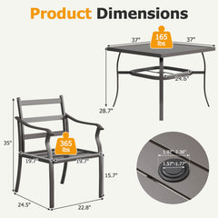 EROMMY 5-Piece Patio Dining Set, 4 Metal Chairs & Square Table w/ Umbrella Hole