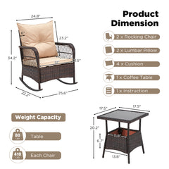 EROMMY 3 pcs Rocking Bistro Set, Outdoor PE Rattan Rocking Chairs with Tempered Glass Coffee Table, Beige-Erommy