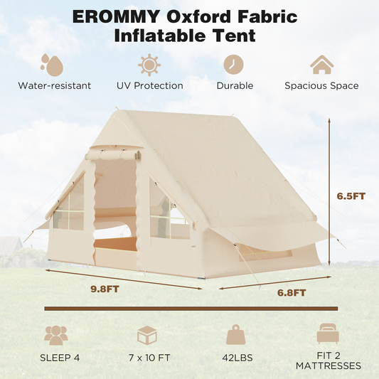 EROMMY 7*10 Air Inflatable Camping Tent, 129 SFT Glamping Tents with Stove Jack & Mesh Windows & Pump, Oxford Canvas Camping Tent
