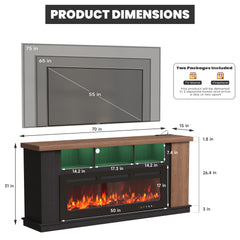 EROMMY Traditional 70" Country TV Stand with 50" Electric Fireplace Heater, TV Stand with Light Strips and Sockets, Oak