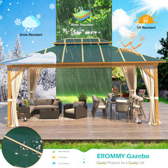 EROMMY 12' x 16' Hardtop Wooden Grain Coated Aluminum Frame Outdoor Gazebo, Double Roof, Blackish Green with Curtains and Nettings