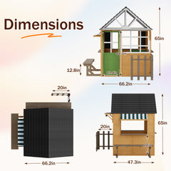 EROMMY Outdoor Play House for Kids, Wooden Kids Playhouse with Kitchen Toys, Blackboard,Chalks,Eraser,Magnetic Door, Bench, Foldable Sunshade Canopy,Bell, Pet Hole, Clock,Wood Color