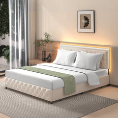 EROMMY King Bed Frame with LED Lights, Velvet Upholstered Bed with 4 Drawers, Platform Bed Frame with Storage King Size, Beige