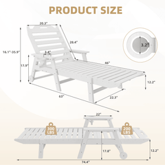 EROMMY 22" W Oversized Chaise Lounge Chairs, Adjustable HDPE Outdoor Chairs with Wheels & Cup Holder, White
