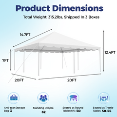 EROMMY 20x20ft Pole Party Tent with Sidewalls and Doors, Heavy Duty Outdoor Canopy with Carry Bags, Large White Event Tent for 62 People, Weddings, Parties, and Gatherings