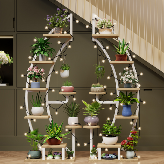 EROMMY 6 Tier 9 Potted Metal Plant Stand for Indoor Plants Multiple, Half Moon Plant Stand (White), 2 Pcs