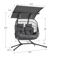 EROMMY Double Egg Chair with Canopy, Comfortable Woven Rattan Base with Thick UV Resistant Cushions and Metal Frame, Porch Swing Loveseat for Backyard