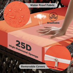 EROMMY 2 Piece All-Weather Outdoor Wicker Ottoman, Patio Footrest & Extra Seat with Thick Cushion (Orange)