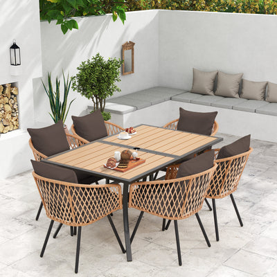 EROMMY 7-Piece Outdoor Dining Set – Rectangular Table with Umbrella Hole & 6 Rattan Chairs, Brown-Erommy