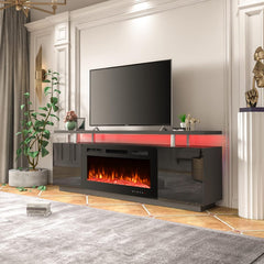 EROMMY 70'' Fireplace TV Stand with 36'' Electric Fireplace, Entertainment Center with 12 Flame Fireplace Insert Heater and 16 Color Led Lights, TV Console for TVs up to 80'' for Living Room, Black