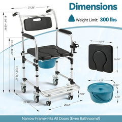 EROMMY 4-in-1 Bedside Commode Shower Wheelchair for Elderly and Disabled, Commode Chair with 4 Lockable Wheels, Detachable Bucket, Padded Seat and Armrests, Flip-Up Footrest, Black