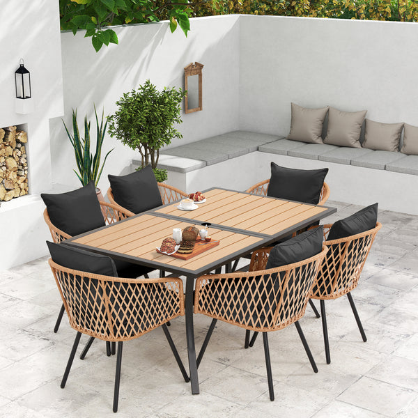EROMMY 7-Piece Outdoor Dining Set – Rectangular Table with Umbrella Hole & 6 Rattan Chairs, Black