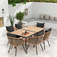 7-Piece Outdoor Dining Set – Rectangular Table with Umbrella Hole & 6 Rattan Chairs