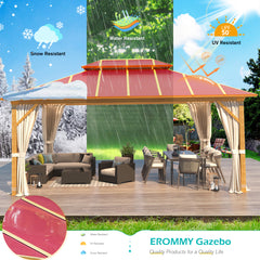 EROMMY 12' x 16' Hardtop Wooden Finish Coated Aluminum Frame Outdoor Gazebo with Aluminum Double Roof, with Curtains and Nettings