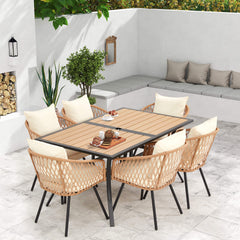 EROMMY 7-Piece Outdoor Dining Set – Rectangular Table with Umbrella Hole & 6 Rattan Chairs, Beige